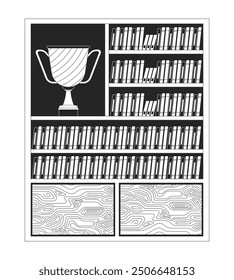 Winner cup on bookcase shelf black and white 2D line object. Office cabinet with ring binders and champion bowl isolated vector outline item. Room furnishing monochromatic flat spot illustration