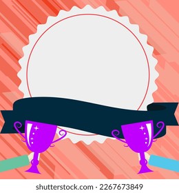Winner cup on bright colored background. Whiteboard with important information. White text holder behind object contains main message. Empty speech bubble.