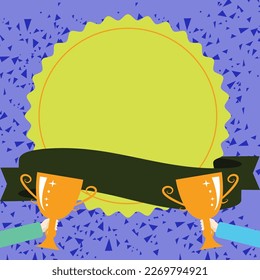 Winner cup on bright colored background. Whiteboard with important information. White text holder behind object contains main message. Empty speech bubble.