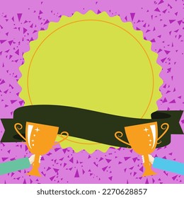 Winner cup on bright colored background. Whiteboard with important information. White text holder behind object contains main message. Empty speech bubble.
