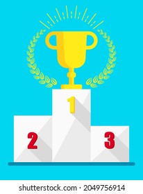 Winner Cup on the podium. First place in the competition. A symbol of victory in sports, competition, personal growth and teamwork. Flat vector illustration.