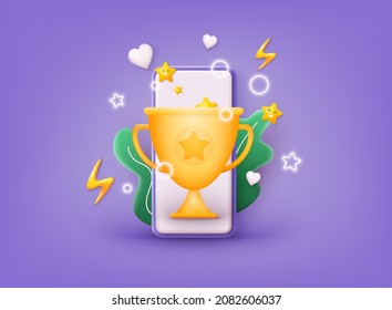 Winner cup on smartphone screen. Promotion discount present point, customer promo surprise. 3D Web Vector Illustrations. 