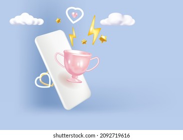 Winner cup on smartphone screen. Promotion discount present point, customer promo surprise. 3D Web Vector Illustrations.