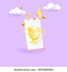 Winner cup on smartphone screen. Promotion discount present point, customer promo surprise. 3D Web Vector Illustrations.