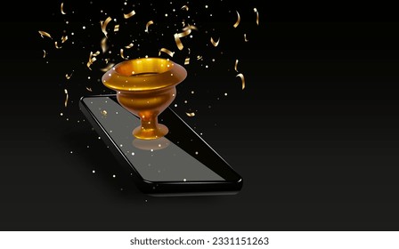 Copa del ganador en pantalla de smartphone. Punto actual de descuento de promoción, sorpresa de promoción del cliente. Ilustraciones de vectores Web 3D.