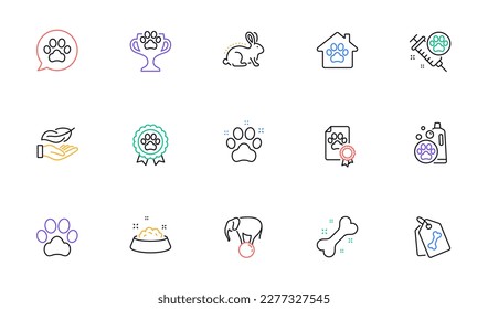 Winner cup, Pet friendly and Elephant on ball line icons for website, printing. Collection of Dog vaccination, Dog feeding, Pets care icons. Pet tags, Animal tested, Lightweight web elements. Vector