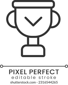 Sieger Cup Pixel perfekt lineares Symbol. Erzielung und Auszeichnung. Entwicklungsmotivation. Dünne Illustration. Contour-Symbol. Vektorgrafik-Zeichnung. Bearbeitbarer Strich. Poppins Schriftart verwendet