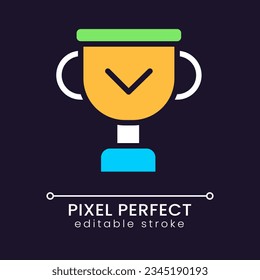 Winner cup pixel perfect RGB color icon for dark theme. Achievement and award. Development motivation. Simple filled line drawing on night mode background. Editable stroke. Poppins font used