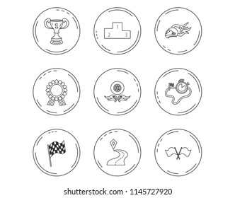 Winner cup and podium, award medal icons. Race flag, motorcycle helmet and timer linear signs. Destination pointer flat line icons. Linear Circles web buttons with icons. Vector