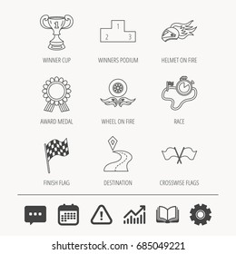 Winner cup and podium, award medal icons. Race flag, motorcycle helmet and timer linear signs. Destination pointer flat line icons. Education book, Graph chart and Chat signs. Vector