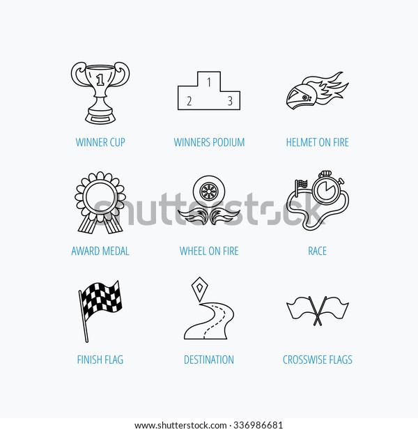 Winner cup and podium, award\
medal icons. Race flag, motorcycle helmet and timer linear signs.\
Destination pointer flat line icons. Linear set icons on white\
background.