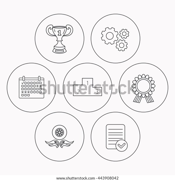 Winner cup, podium and award medal icons. Race
symbol, wheel on fire linear signs. Check file, calendar and
cogwheel icons. Vector