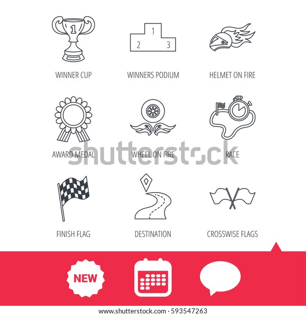 Winner cup\
and podium, award medal icons. Race flag, motorcycle helmet and\
timer linear signs. Destination pointer flat line icons. New tag,\
speech bubble and calendar web icons.\
Vector