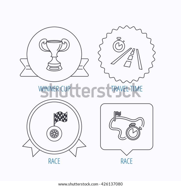 Winner cup, race timer and flag icons. Travel time\
linear sign. Award medal, star label and speech bubble designs.\
Vector