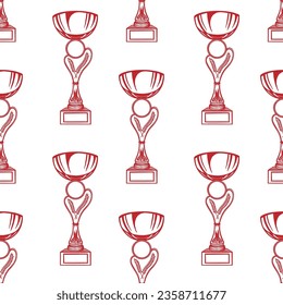 Winner cup seamless pattern. Sketch illustration. Red on a white background. Vector.