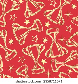 Winner cup seamless pattern with stars. On a red background. Vector.
