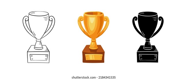Gewinner-Tasse in Cartoon, doodle, einfachen Stil. Preis für den ersten Platz im Sportspiel, Vektorgrafik. Goldene Trophäe an den Gewinner des Wettbewerbs. Einzelnes Element auf weißem Hintergrund