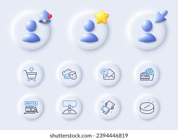 Winner cup, Shuttle bus and Burger line icons. Placeholder with 3d cursor, bell, star. Pack of Medical tablet, New mail, Interview job icon. Online market, Potato pictogram. Vector