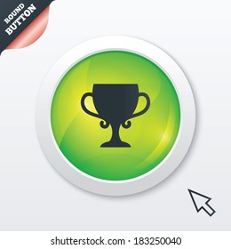 Winner cup sign icon. Awarding of winners symbol. Trophy. Green shiny button. Modern UI website button with mouse cursor pointer. Vector