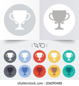 Winner cup sign icon. Awarding of winners symbol. Trophy. Round 12 circle buttons. Shadow. Hand cursor pointer. Vector