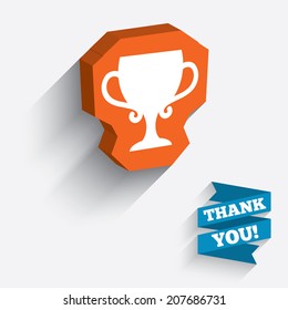 Winner cup sign icon. Awarding of winners symbol. Trophy. White icon on orange 3D piece of wall. Carved in stone with long flat shadow. Vector
