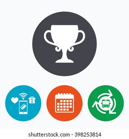 Winner cup sign icon. Awarding of winners symbol. Trophy. Mobile payments, calendar and wifi icons. Bus shuttle.