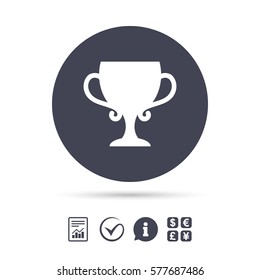 Winner cup sign icon. Awarding of winners symbol. Trophy. Report document, information and check tick icons. Currency exchange. Vector