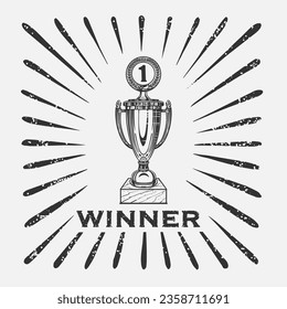 Winner cup sketch in ink on a white background with rays of glory and text. Vector.