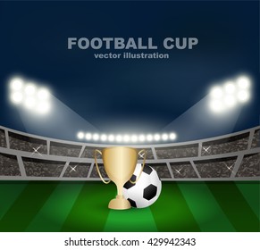 winner cup and soccer ball are spot by the light on football stadium with crowded supporter in the night time, this design can be use for celebrate sport  in vector illustration