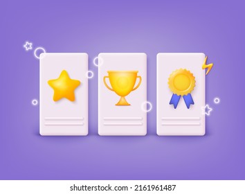 Winner cup, star and medal gold icons. Promotion discount present point, customer promo surprise. 3D Web Vector Illustrations.