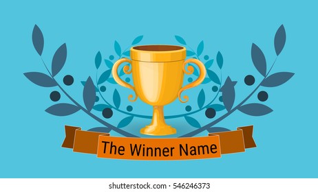 Winner Cup Template. Gold Cup. 1-st Place. Winner Poster. Cartoon comic style vector illustration. Ribbon for Champion Name. Attract Attention Graphic. 