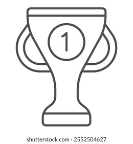 Icono de la línea fina de la taza del ganador, concepto del deporte. Gráficos de Vector. Signo de premio del primer lugar en el fondo blanco, icono del estilo del contorno para el móvil o el Diseño web