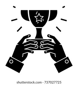 winner cup - trophy in hands - champion victory icon, vector illustration, black sign on isolated background