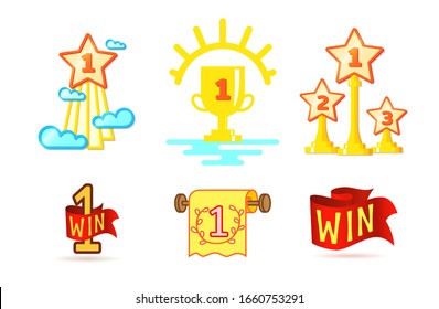 Winner cups and awards icon set. Sport or business rewards design element isolated on white. Flat vector
