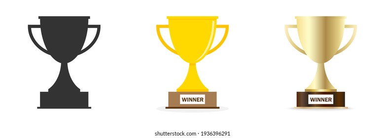 Winner cups collection. Trophy cups. Champion trophy in realistic, web and flat designs, isolated. Vector illustration