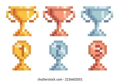 Winner cups: gold, silver and bronze pixel art icon set. First, second and third place trophies logo collection. 8-bit sprite. Game development, mobile app.  Isolated vector illustration.