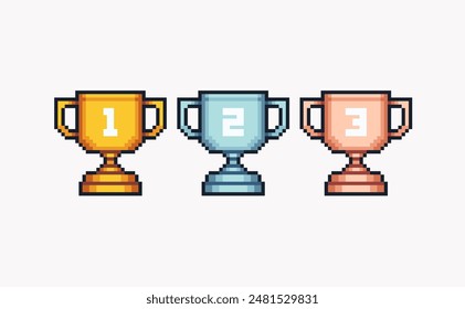 Winner cups, trophy pixel art set. Achievement reward, first place prize collection. 8-bit sprite. Game development, mobile app. Isolated vector illustration.