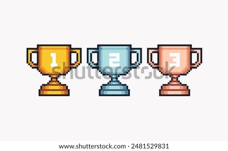 Winner cups, trophy pixel art set. Achievement reward, first place prize collection. 8-bit sprite. Game development, mobile app. Isolated vector illustration.