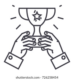 winner cup,trophy in hands,champion victory vector line icon, sign, illustration on background, editable strokes