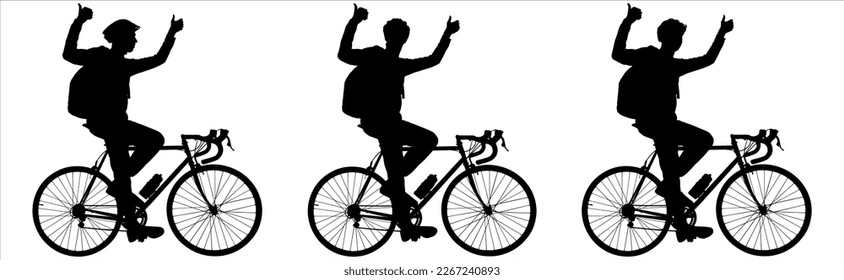 Winner in a cycling race. A cyclist shows the "like" gesture with both hands. A guy in a protective sports helmet with a bag behind his back, riding a bicycle. Side view. Black silhouette isolated