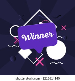 Winner dark card with speech bubble, lettering sticker and shine decoration for social media network. Vector illustration.