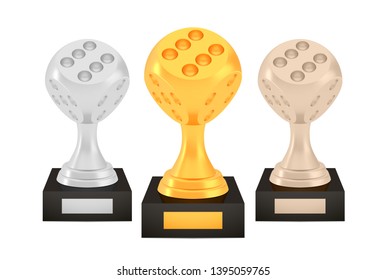Winner dice awards set, gold silver bronze trophy cups on stands with empty plates, three logo icons isolated on white background, photo realistic vector illustration cube with reflection