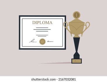 A winner diploma and a golden cup, a concept of success 