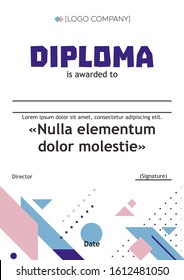 Winner diploma template with abstract shapes, lines and dots. Powdery, blue and purple abstraction.
