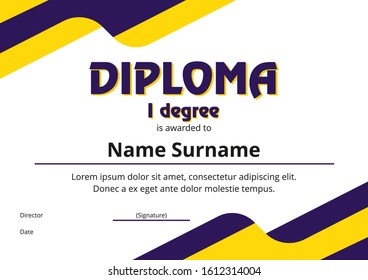 Winner diploma template with purple and yellow waves. Flat, abstract diploma.