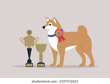 A winner of a dog competition posing with golden goblets and medals, a victory concept