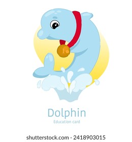 Winner dolphin in cartoon style. Hand drawn cute education card with an inscription.