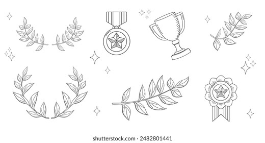 Elementos ganadores en estilo doodle. Copa y corona de laurel para la ceremonia de premiación. Ilustración vectorial lineal para el diseño de diplomas de campeón.