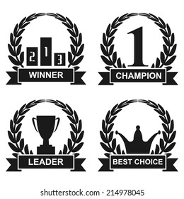 winner emblems incorporating the number 1, crowns, podium, champion cup in laurel wreaths with a banner on white background.  vector illustrations 