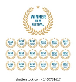 Winner film festival - set of badges on white background. Best film emblem icons. Text in laurel wreath frame. Vector illustration. Design elements.